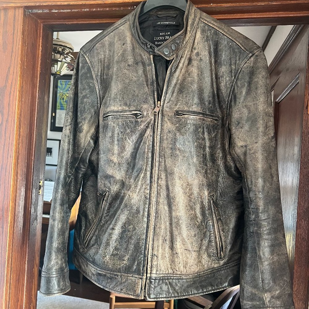 Lucky Brand Bonneville Cafe Racer Brown Distressed Leather Jacket Mens L NWOT